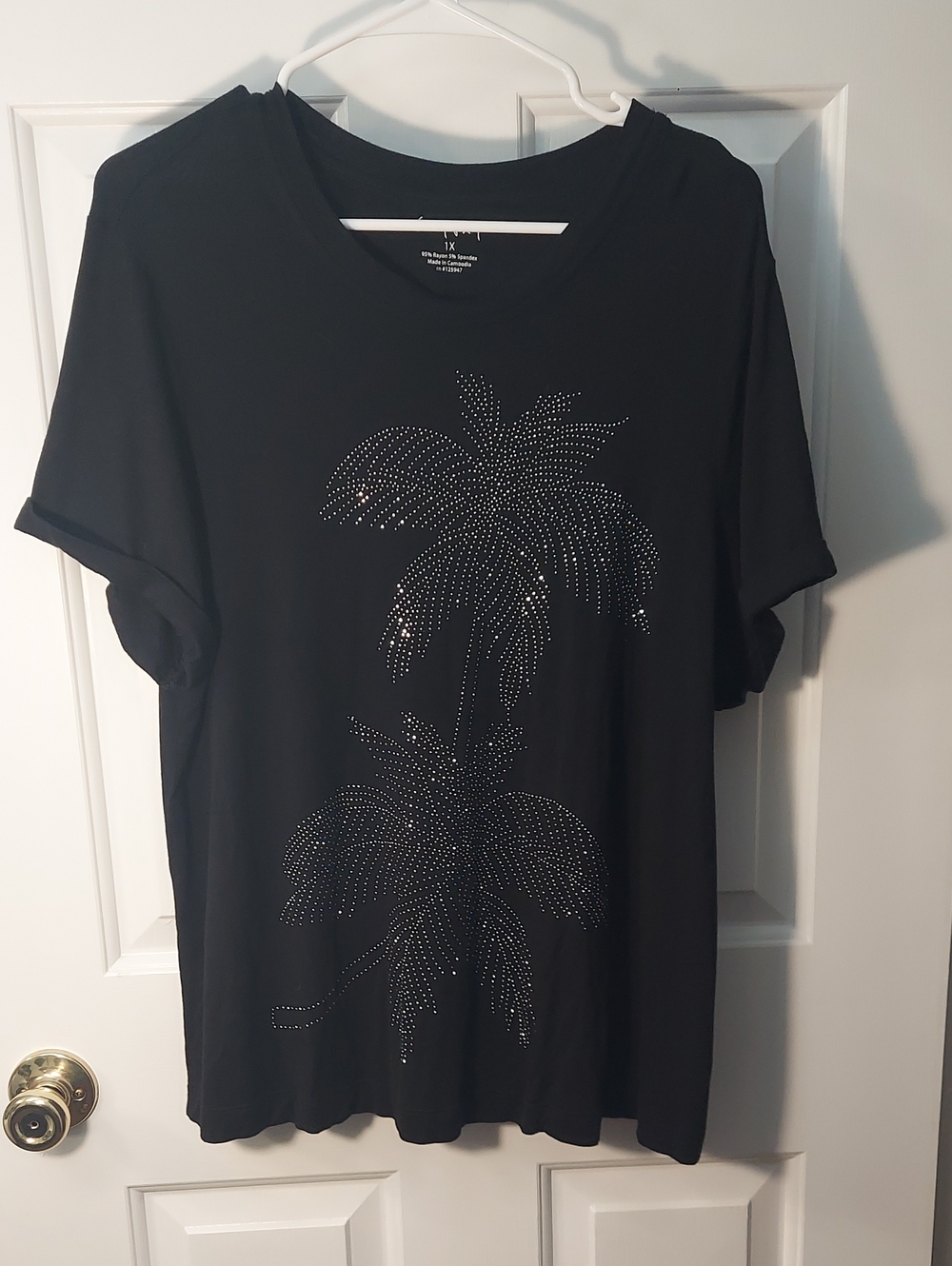 Womans Casey Key Brand Black Palm Crystal Tee Size 1X